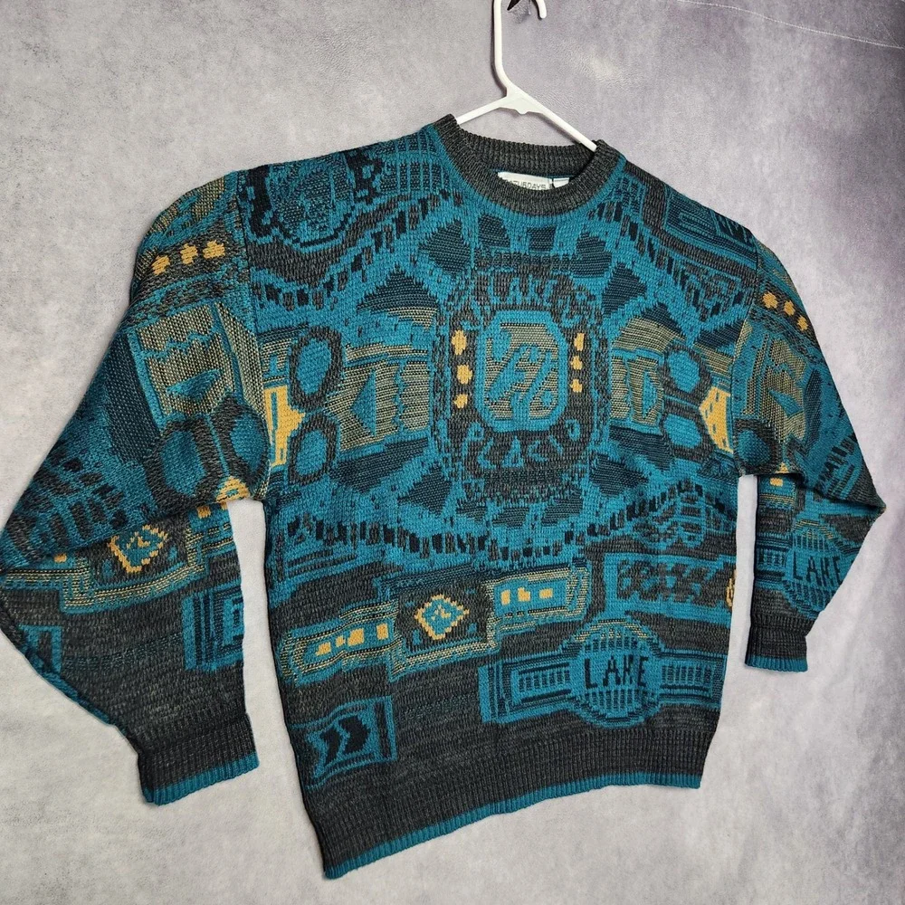 Saturdays Mens Vintage Teal Black Gold Geometric Pattern Knit Sweater size Large